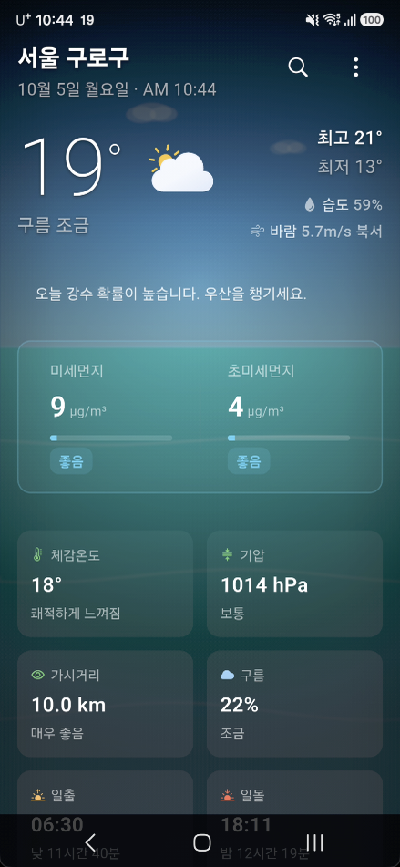 현재 날씨 화면 — 서울 구로구의 기온·체감 온도·대기질·일출/일몰